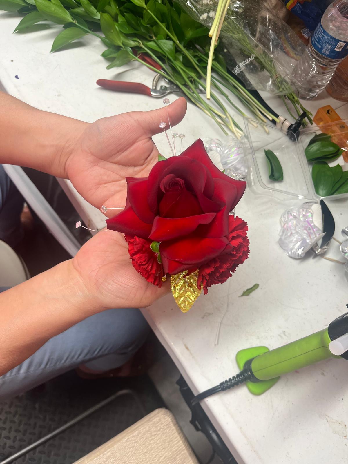 Red Rose with Carnation & Gold Leaf