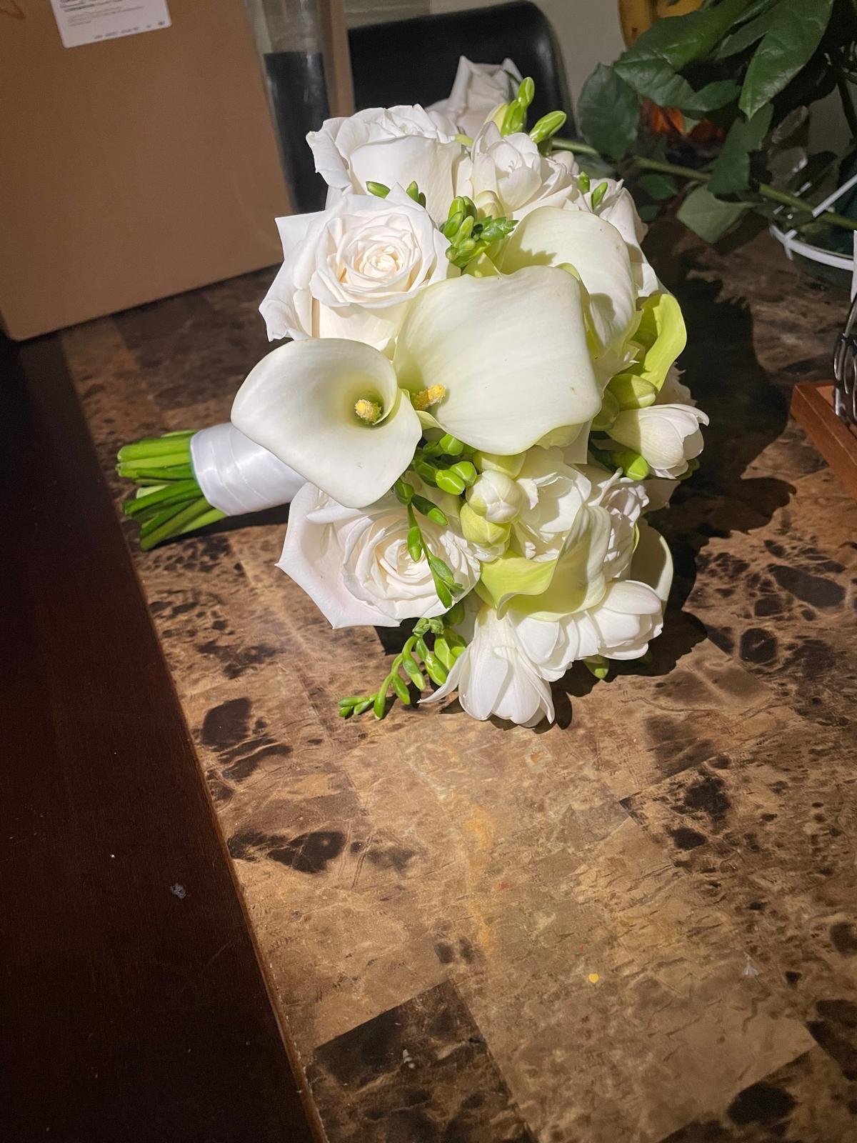 White Calla Lilies & Roses with Freesia