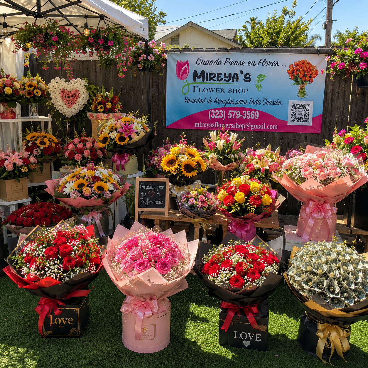 Mireya arranging pink roses at her flower shop